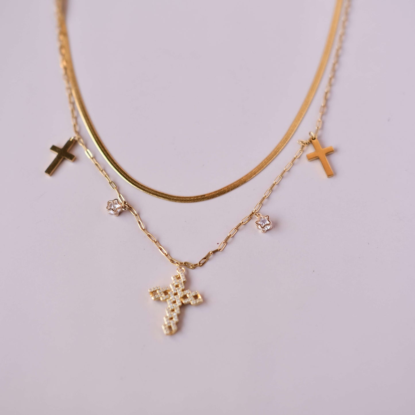 Personalized Two layer Chain with Cross and star Zircon