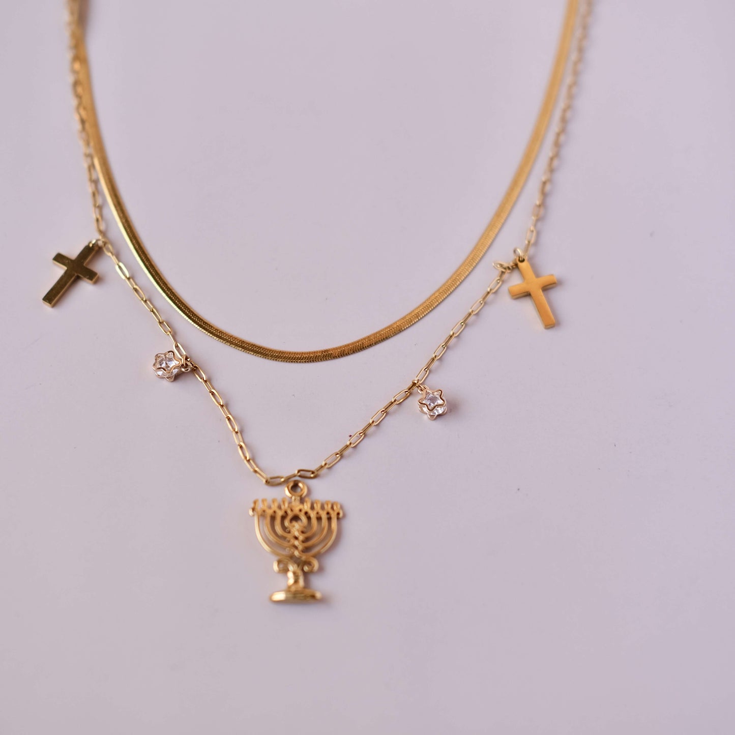 Personalized Two layer Chain with Cross and star Zircon