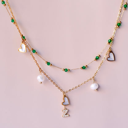 Emerald & Pearl Harmony Necklace with Personalized Initial Charm