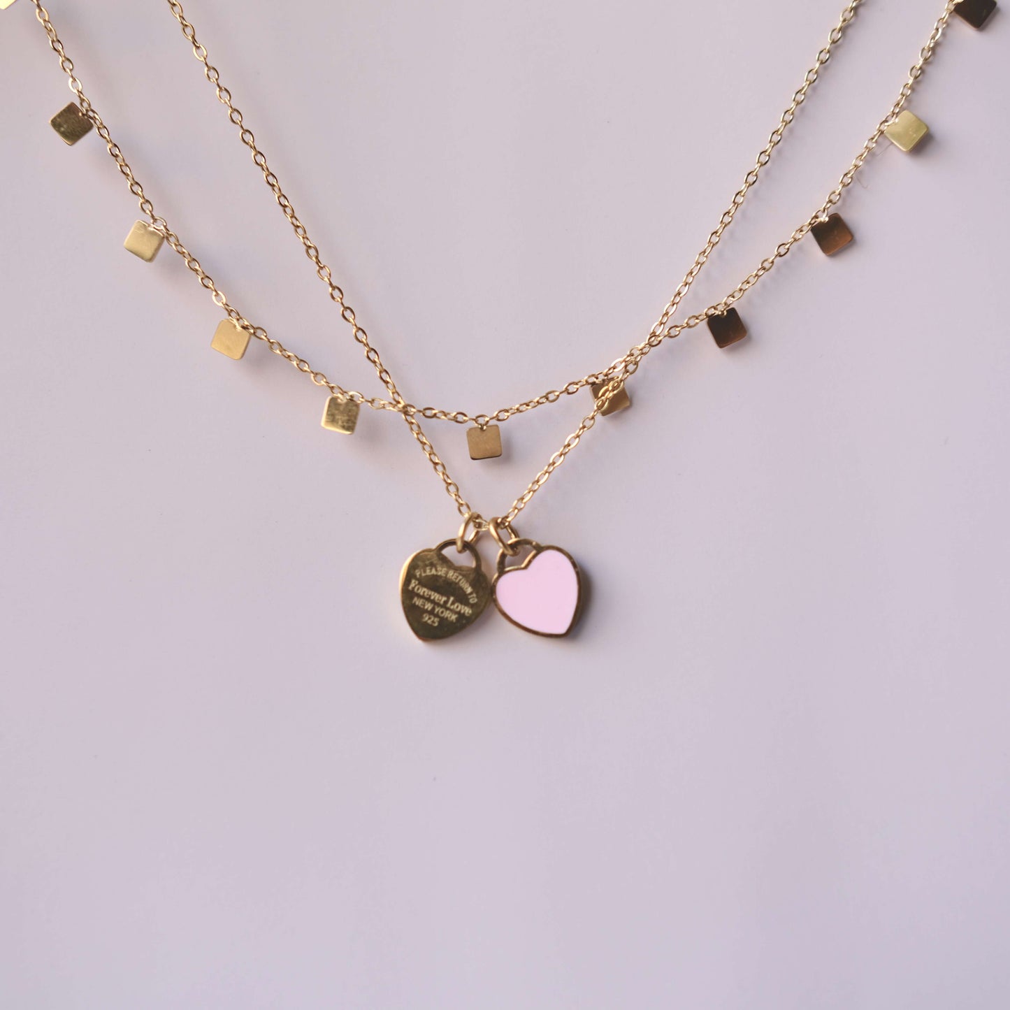 Double heart pendant two Chain necklace