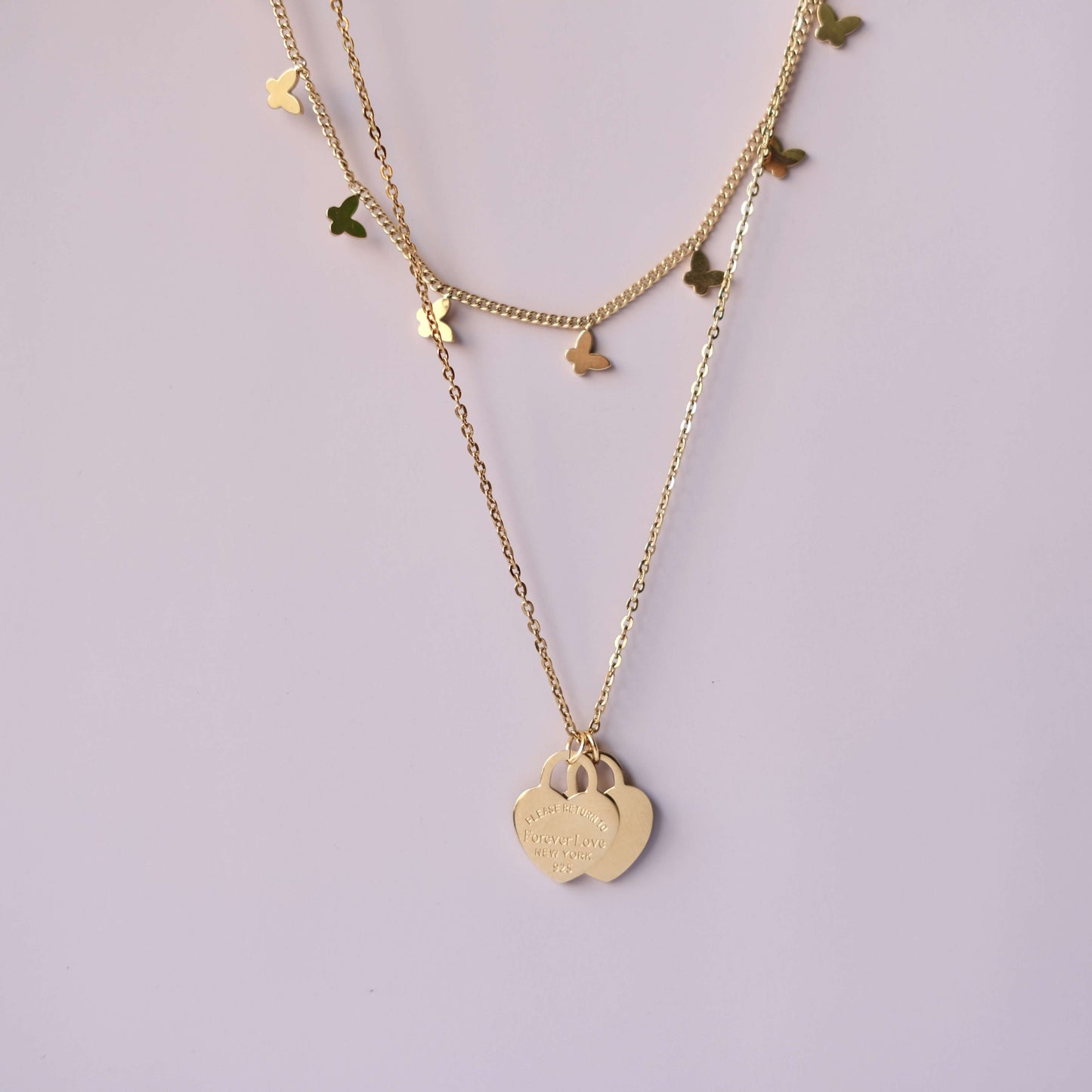 Double heart pendant two Chain necklace