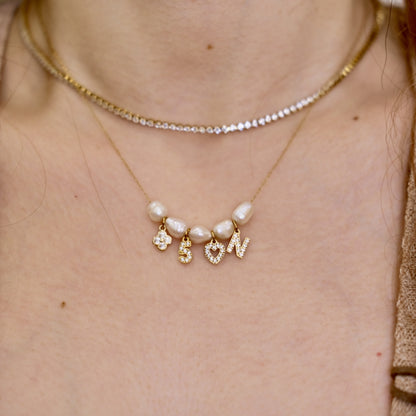 Precious Moments pearl Necklace with personalized Initial and Lucky number For mother's Day