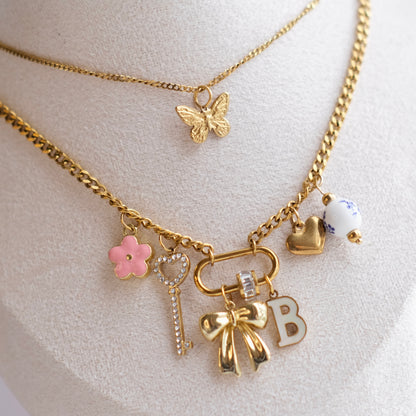 Bow Pink Flower Oval Clasp two layer  Chain-customization