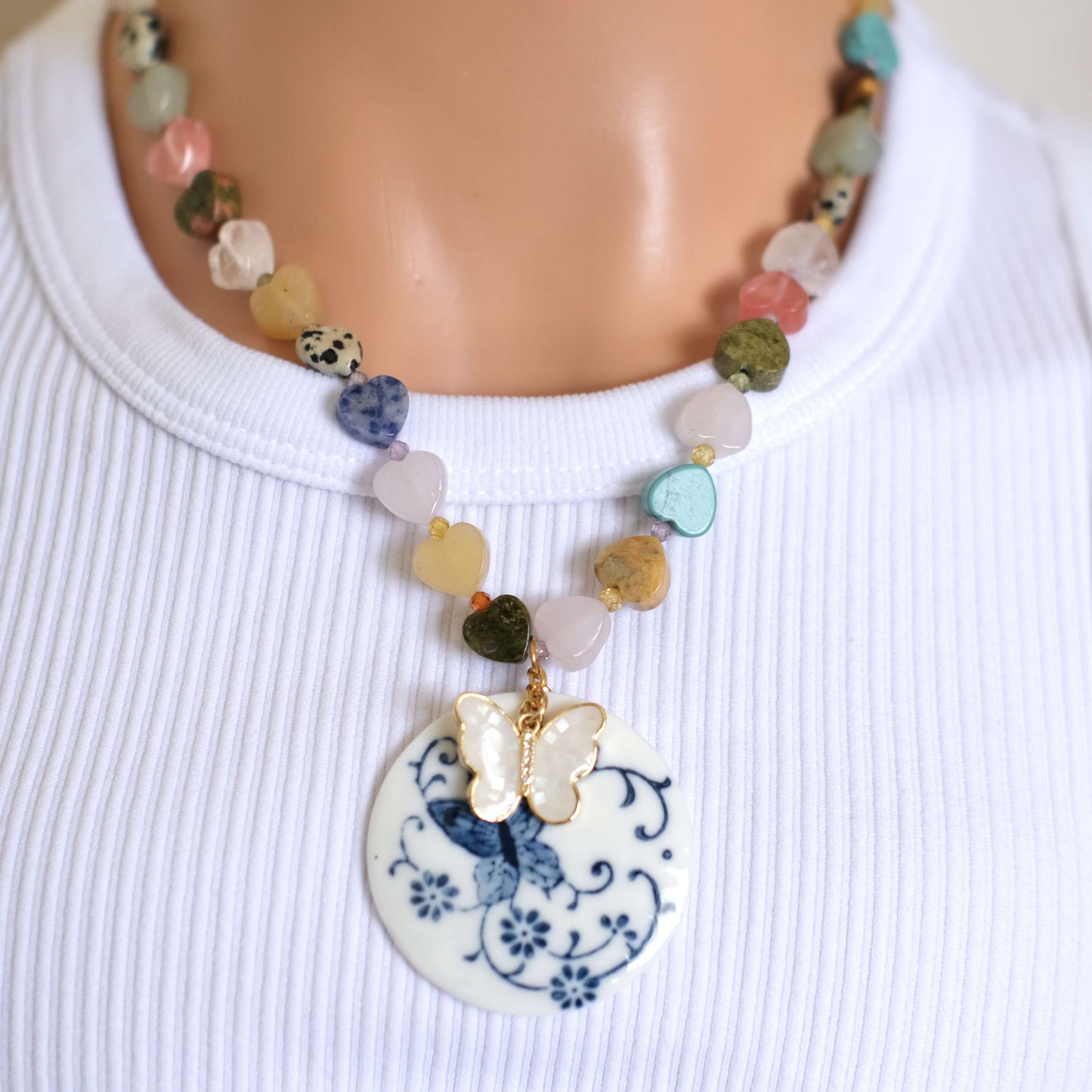 colorful heart stone with pendant necklace-customization