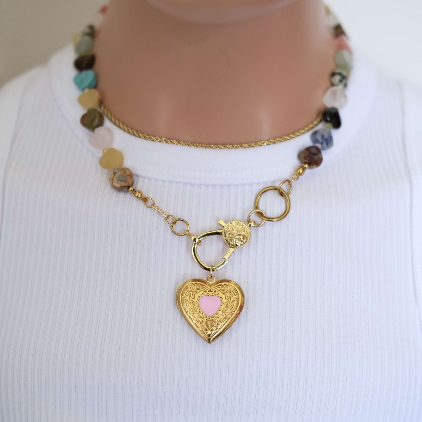 colorful heart stone with clasp pendant necklace-customization