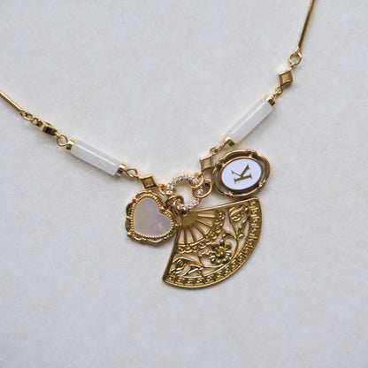 Fan with mother of pearl heart charm necklace-customization