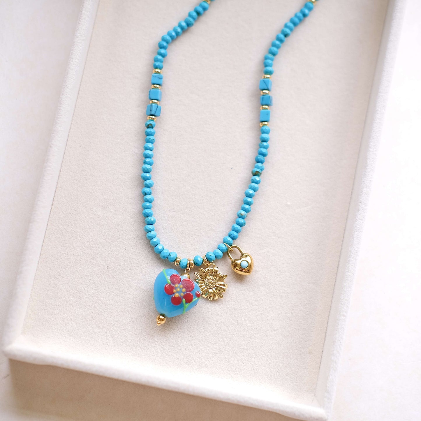 BLUE beads with heart pendant necklace-customization