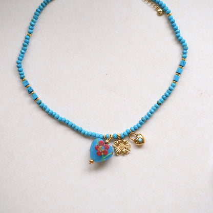 BLUE beads with heart pendant necklace-customization