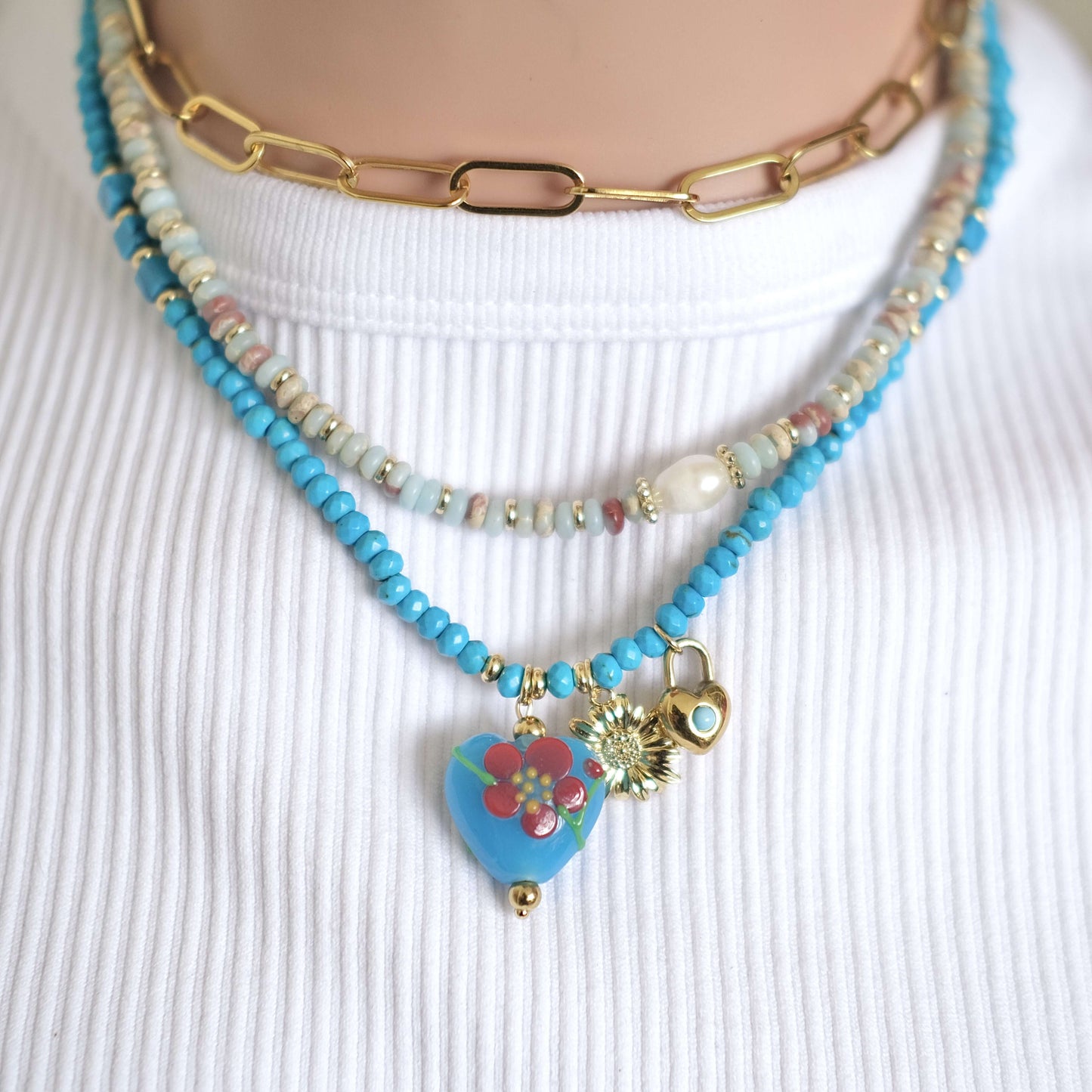 BLUE beads with heart pendant necklace-customization