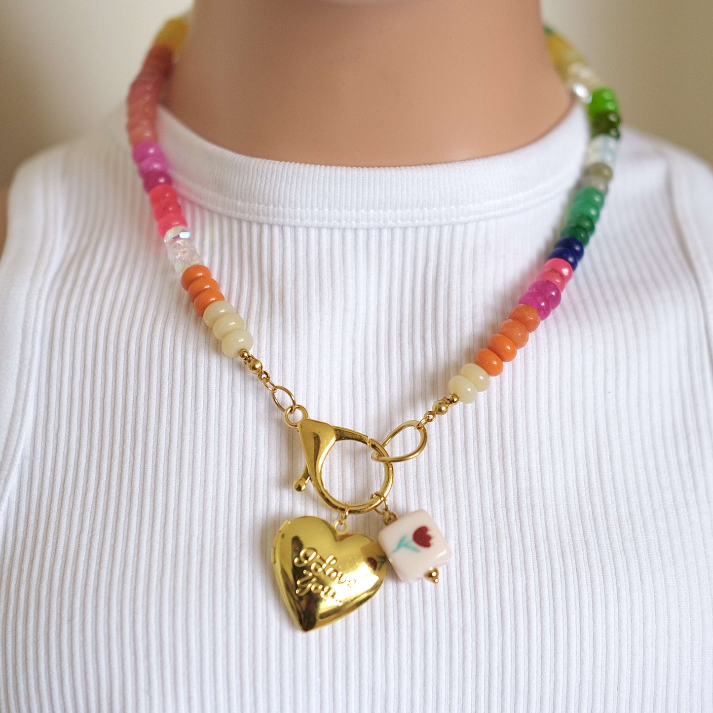 Rainbow glass beads with pendant clasp necklace-customization