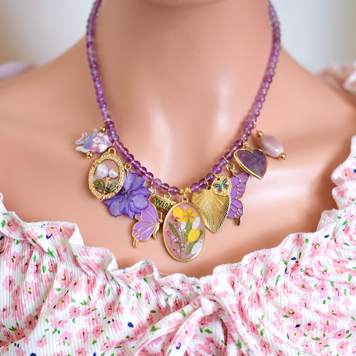 Purple crystal beads with Butterfly vintage unique necklace-customization