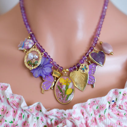 Purple crystal beads with Butterfly vintage unique necklace-customization