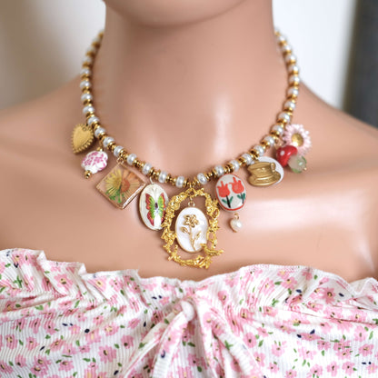 Birth Flower vintage pearl Charms necklace