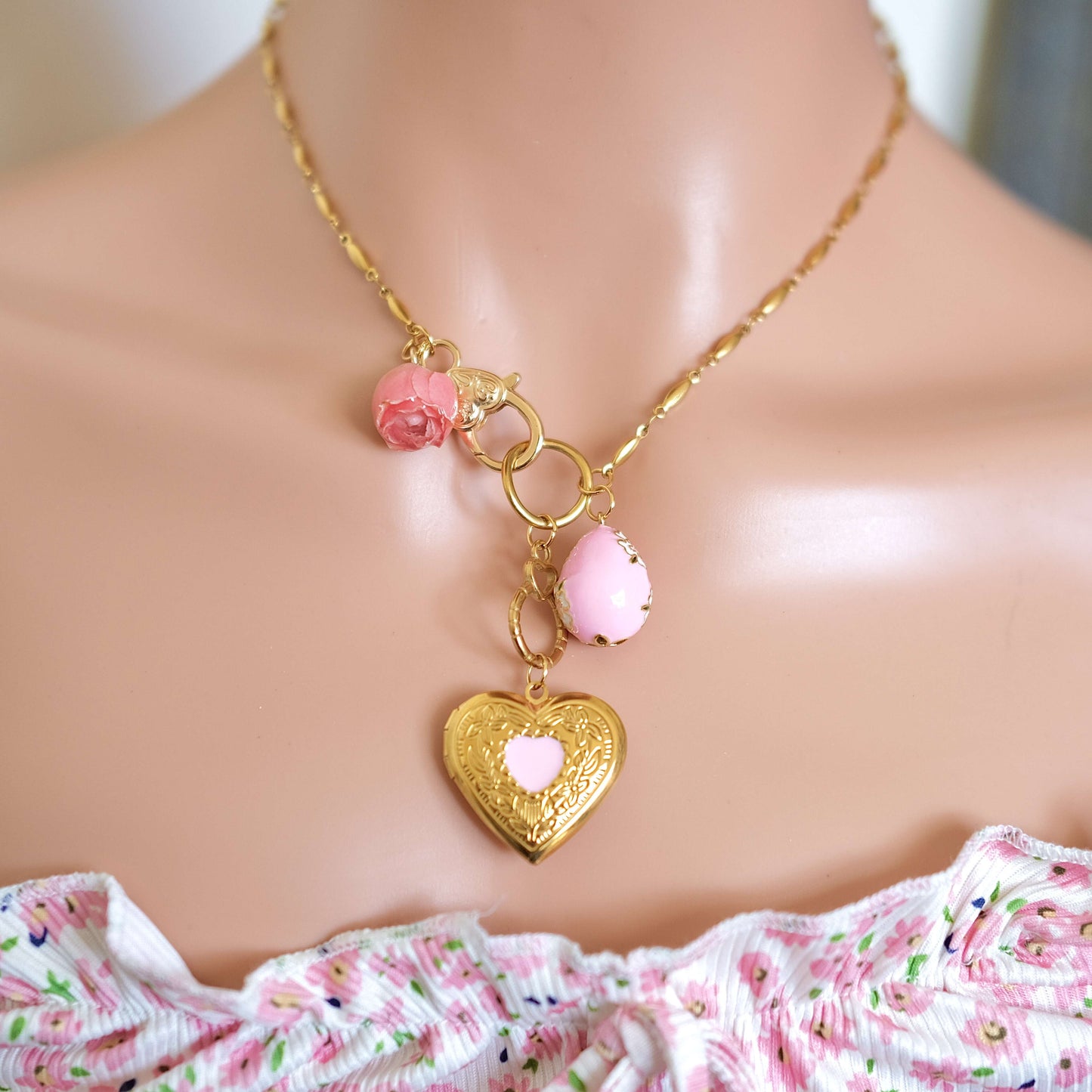 Pink Rose with pink egg. vintage PINK heart pendent necklace