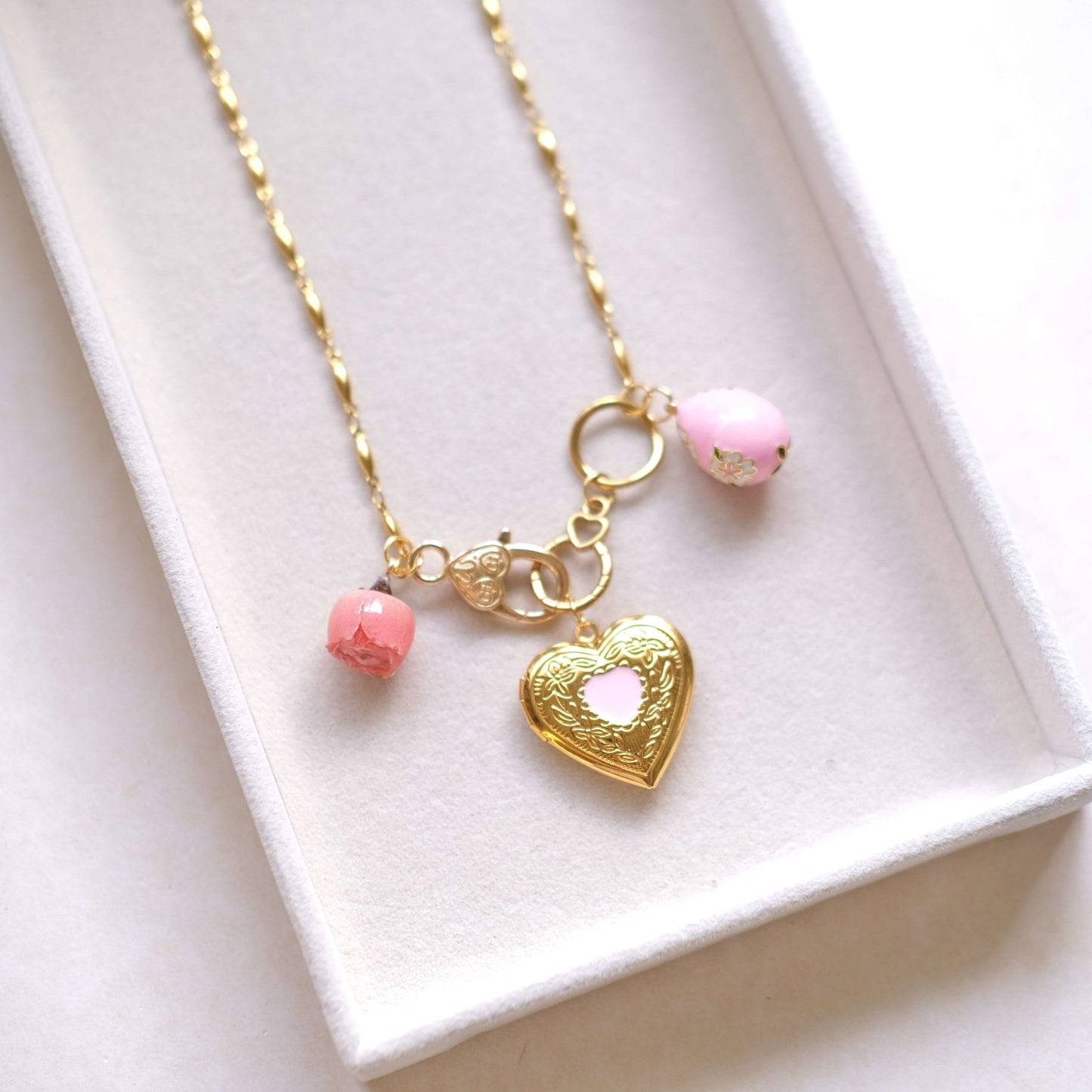 Pink Rose with pink egg. vintage PINK heart pendent necklace