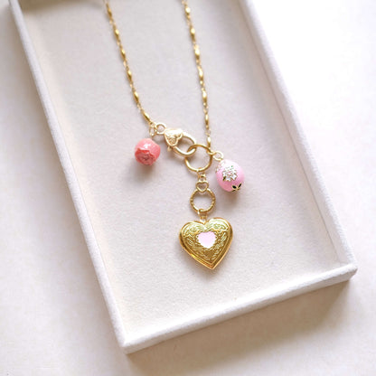 Pink Rose with pink egg. vintage PINK heart pendent necklace