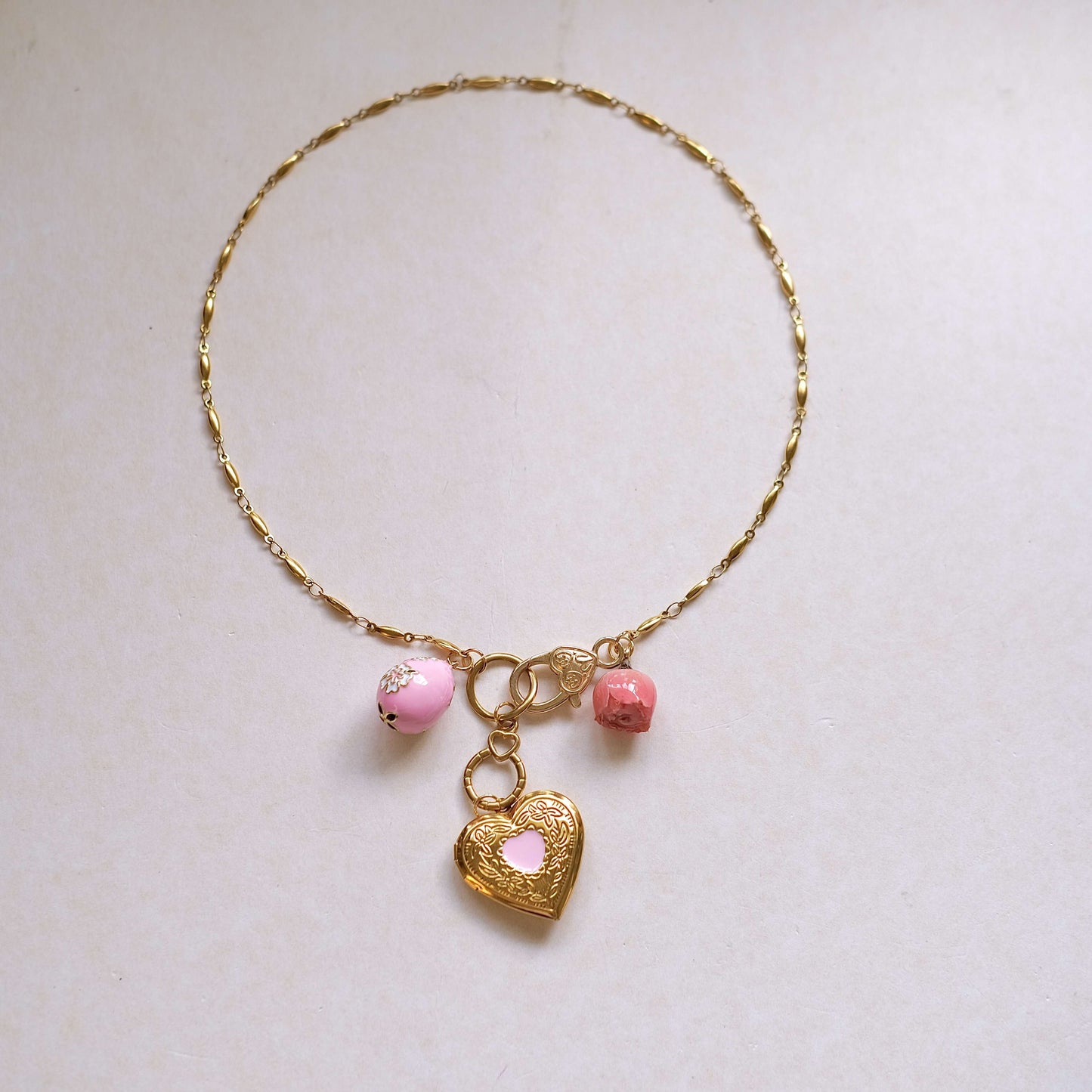 Pink Rose with pink egg. vintage PINK heart pendent necklace