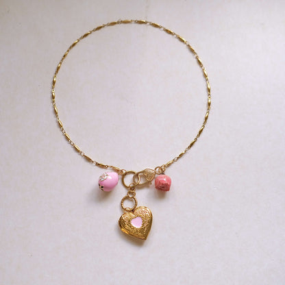 Pink Rose with pink egg. vintage PINK heart pendent necklace