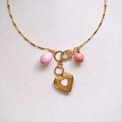 Pink Rose with pink egg. vintage PINK heart pendent necklace