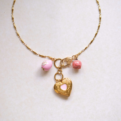 Pink Rose with pink egg. vintage PINK heart pendent necklace