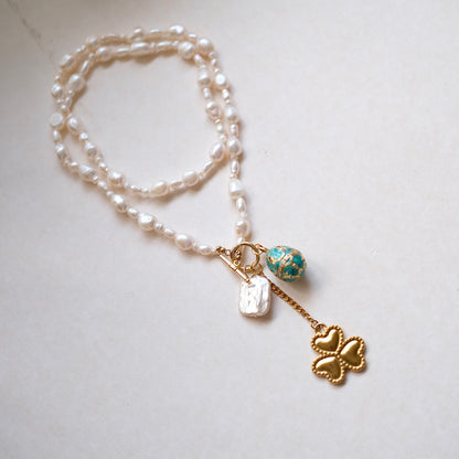 Pearl with dragon fly Charm long pearl Necklace