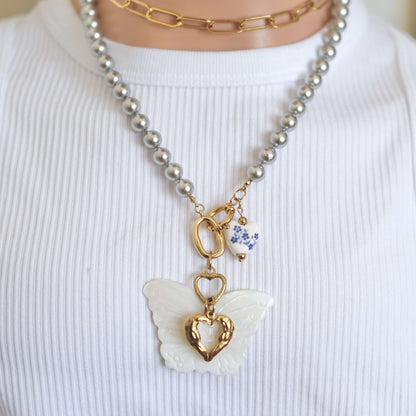 Butterfly Pearl Necklace with Heart Charm - Elegant White & Gold Pendant