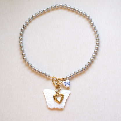 Butterfly Pearl Necklace with Heart Charm - Elegant White & Gold Pendant