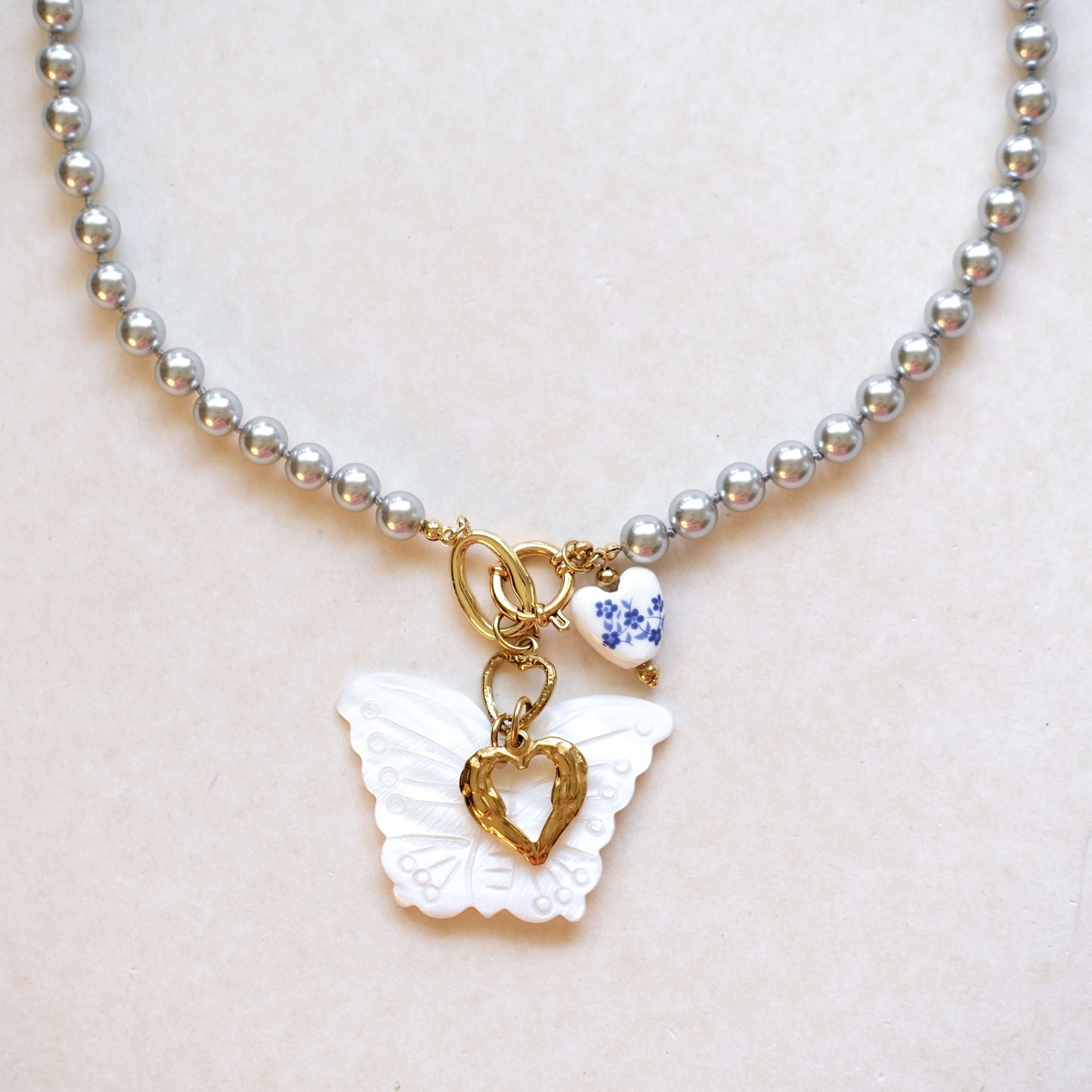 Butterfly Pearl Necklace with Heart Charm - Elegant White & Gold Pendant