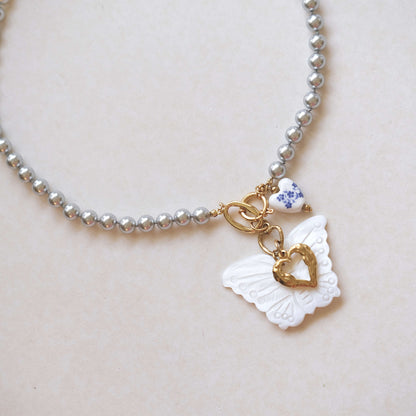 Butterfly Pearl Necklace with Heart Charm - Elegant White & Gold Pendant