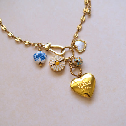 Love Heart Charm Necklace - Gold Chain with Daisy & Floral Accents