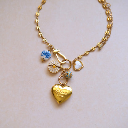 Love Heart Charm Necklace - Gold Chain with Daisy & Floral Accents