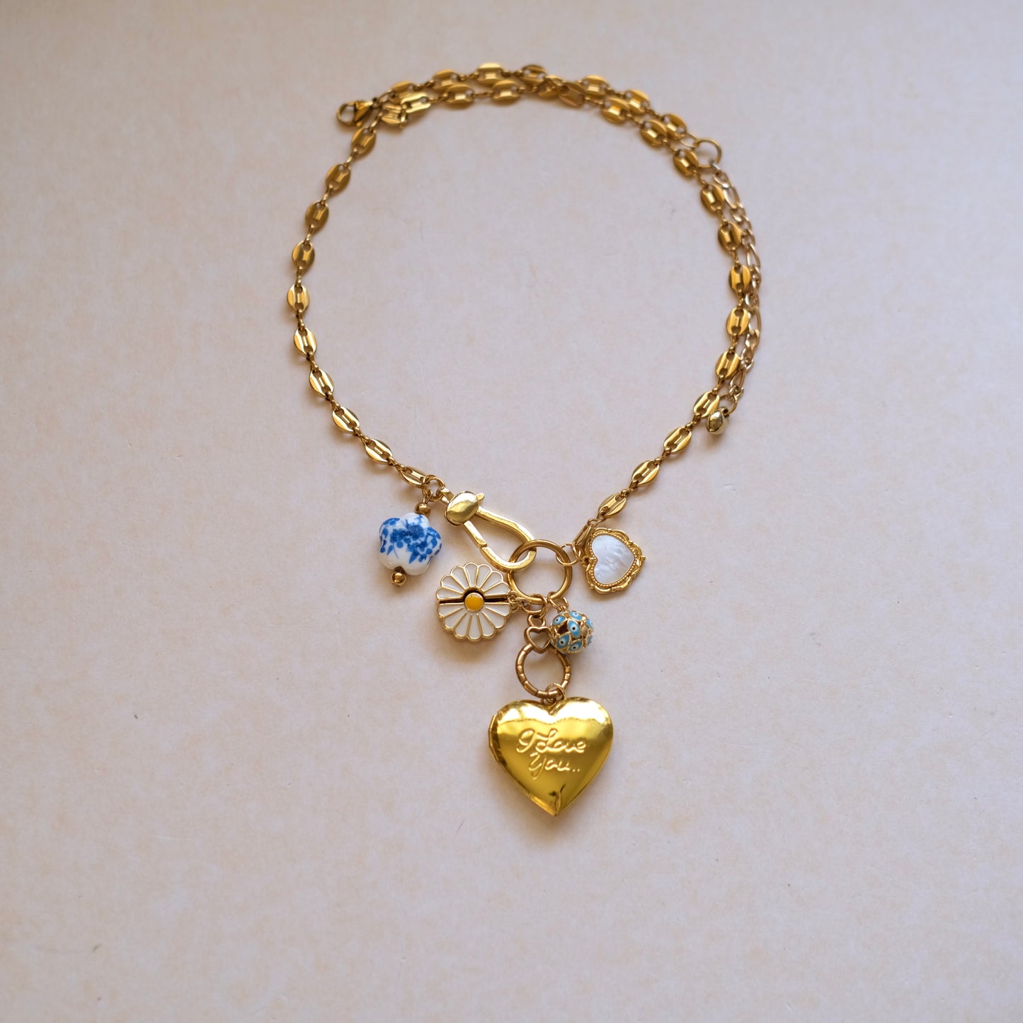 Love Heart Charm Necklace - Gold Chain with Daisy & Floral Accents