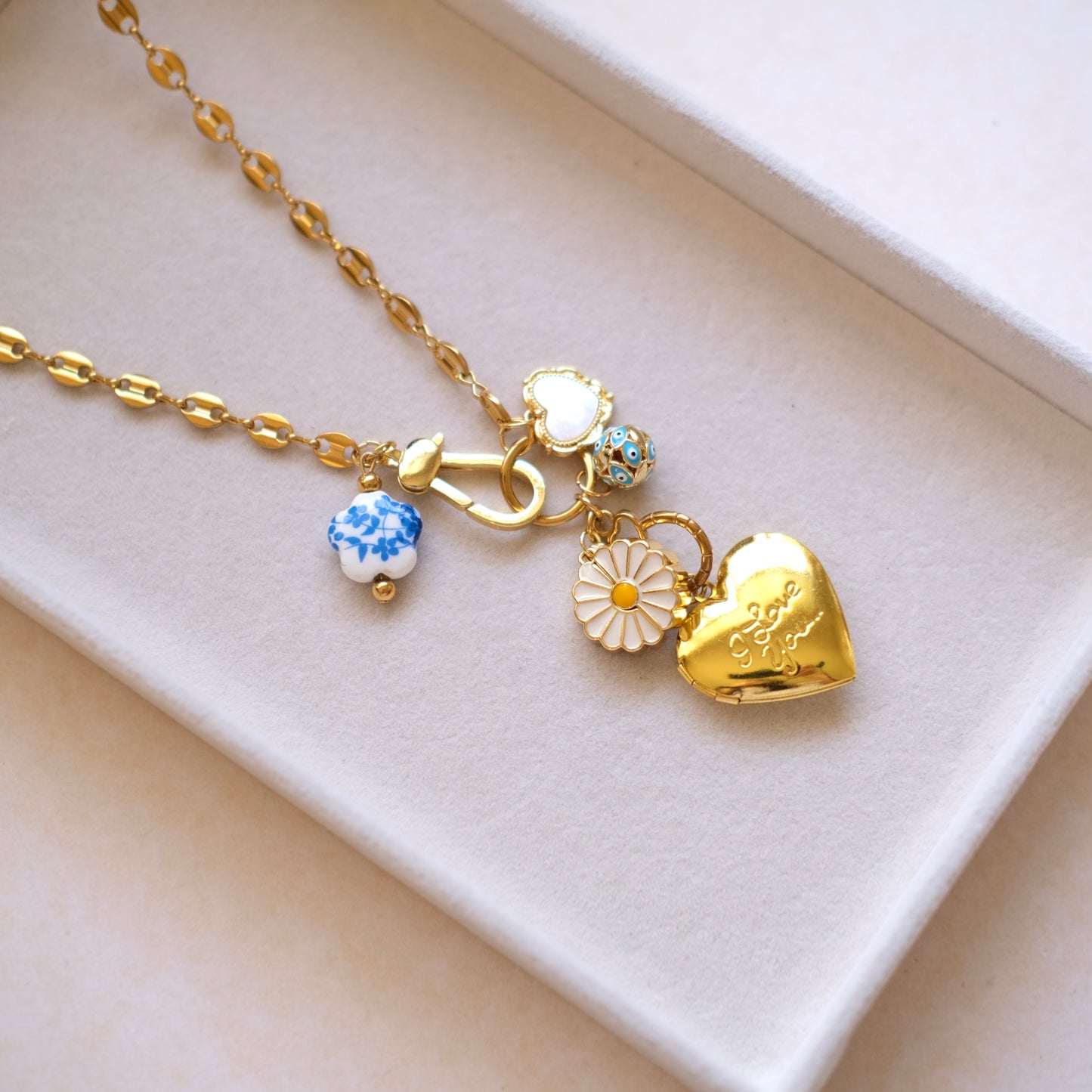 Love Heart Charm Necklace - Gold Chain with Daisy & Floral Accents