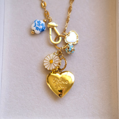 Love Heart Charm Necklace - Gold Chain with Daisy & Floral Accents