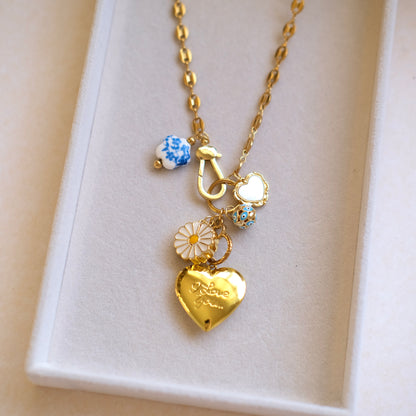 Love Heart Charm Necklace - Gold Chain with Daisy & Floral Accents