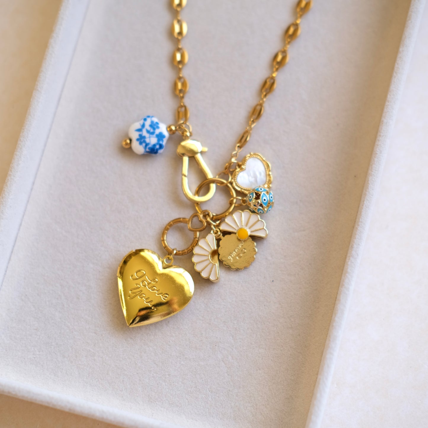 Love Heart Charm Necklace - Gold Chain with Daisy & Floral Accents