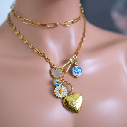 Love Heart Charm Necklace - Gold Chain with Daisy & Floral Accents