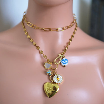 Love Heart Charm Necklace - Gold Chain with Daisy & Floral Accents