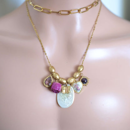 Mother of pearls pendant Gold Necklace - Vintage Heart & Floral Accents