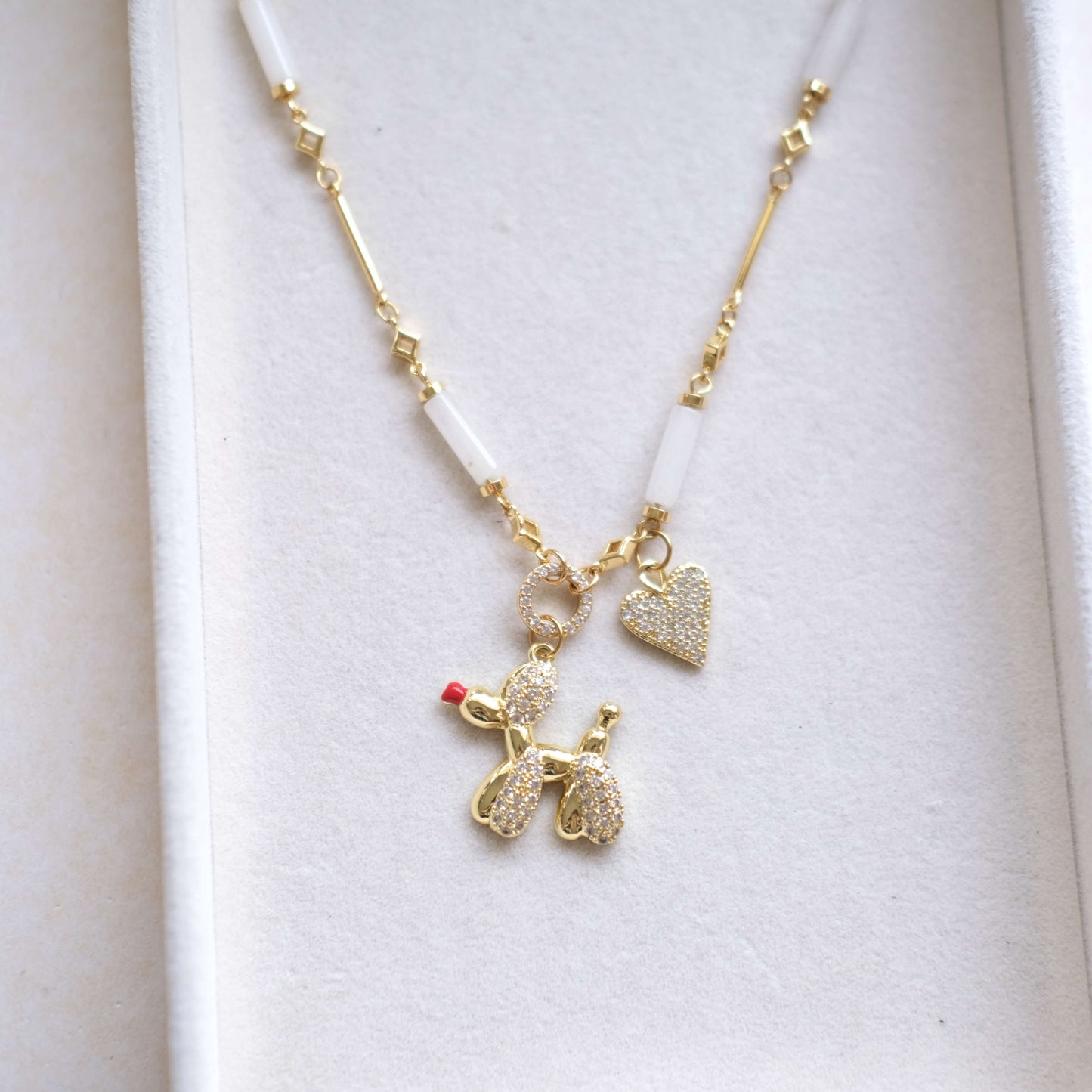 Poodle and Heart Charm Necklace - Elegant Gold Chain with Crystal Accents