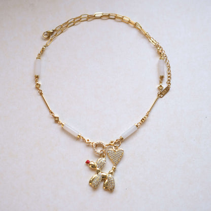 Poodle and Heart Charm Necklace - Elegant Gold Chain with Crystal Accents