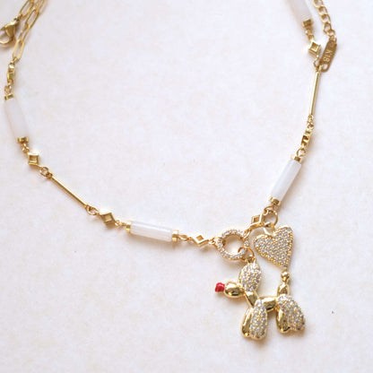 Poodle and Heart Charm Necklace - Elegant Gold Chain with Crystal Accents