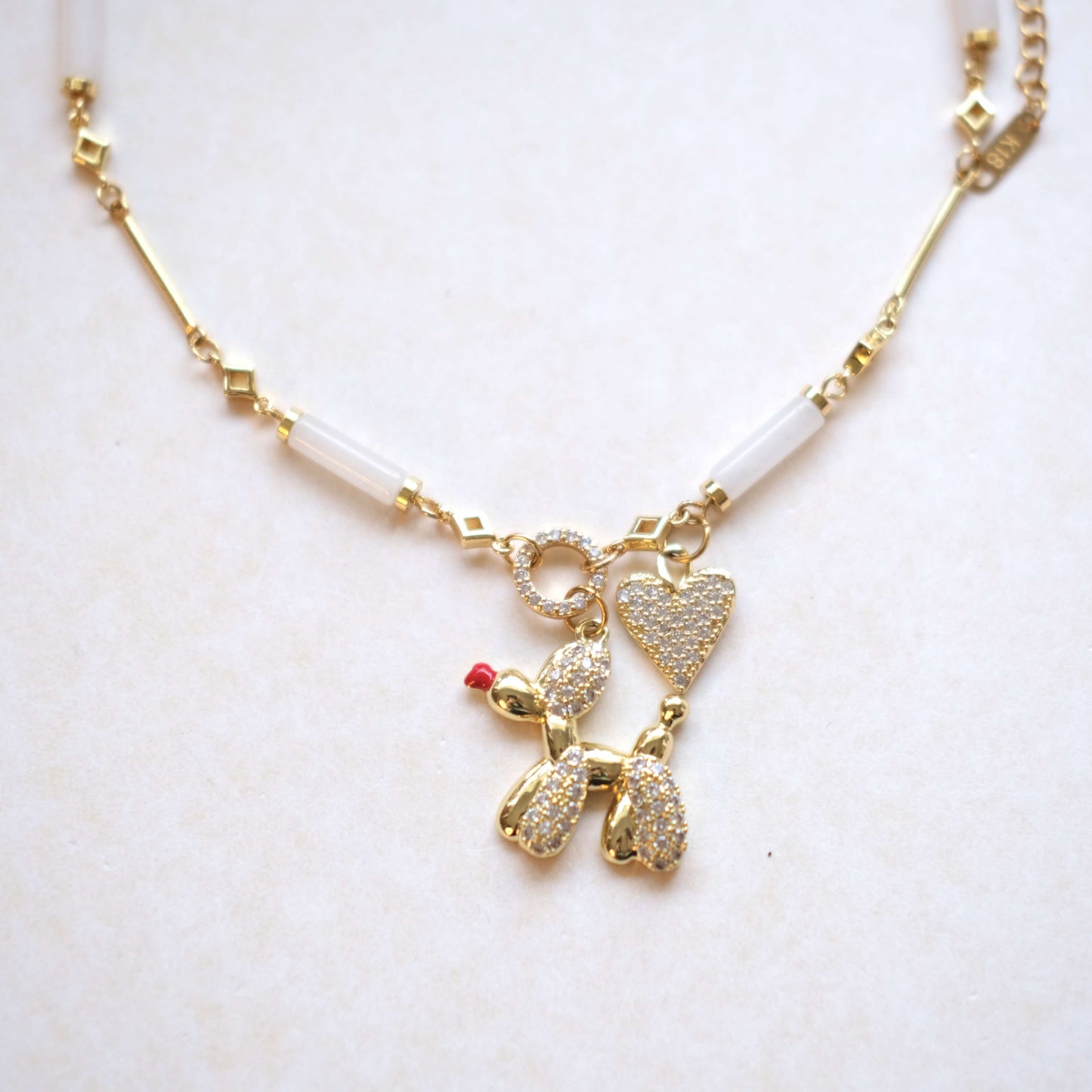 Poodle and Heart Charm Necklace - Elegant Gold Chain with Crystal Accents