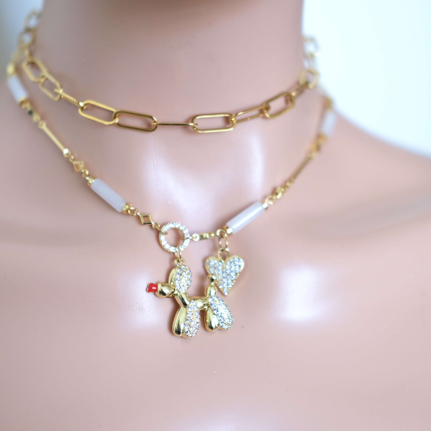 Poodle and Heart Charm Necklace - Elegant Gold Chain with Crystal Accents