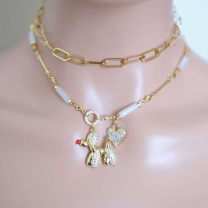 Poodle and Heart Charm Necklace - Elegant Gold Chain with Crystal Accents