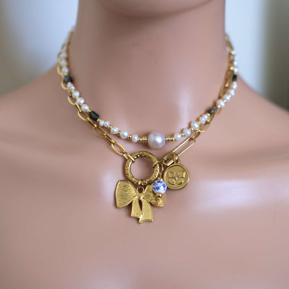 Gold Bow Charm Necklace - Elegant Butterfly Coin Accent