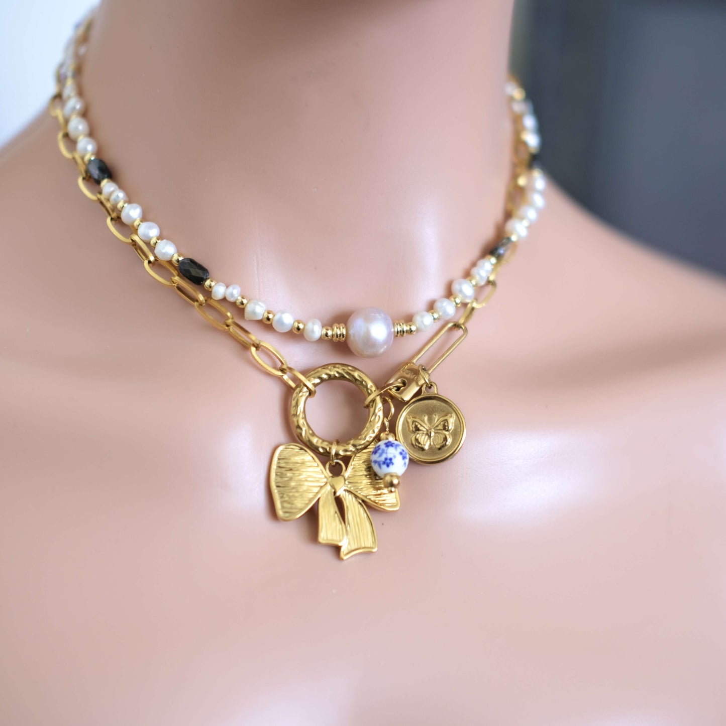 Gold Bow Charm Necklace - Elegant Butterfly Coin Accent