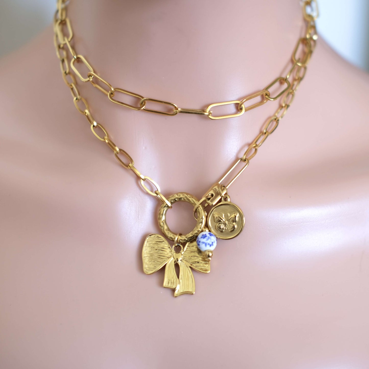 Gold Bow Charm Necklace - Elegant Butterfly Coin Accent