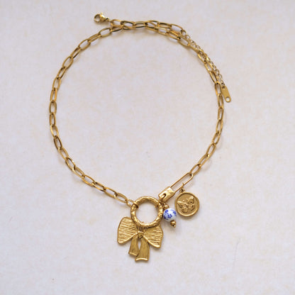 Gold Bow Charm Necklace - Elegant Butterfly Coin Accent