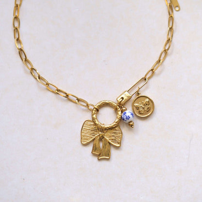 Gold Bow Charm Necklace - Elegant Butterfly Coin Accent